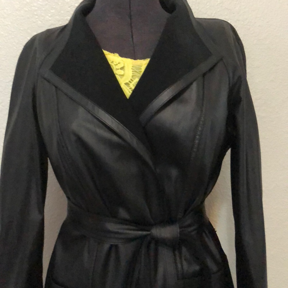 Soft black leather trench coat with belt